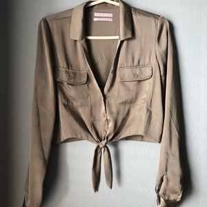 Satin Tie Front Button Down Top